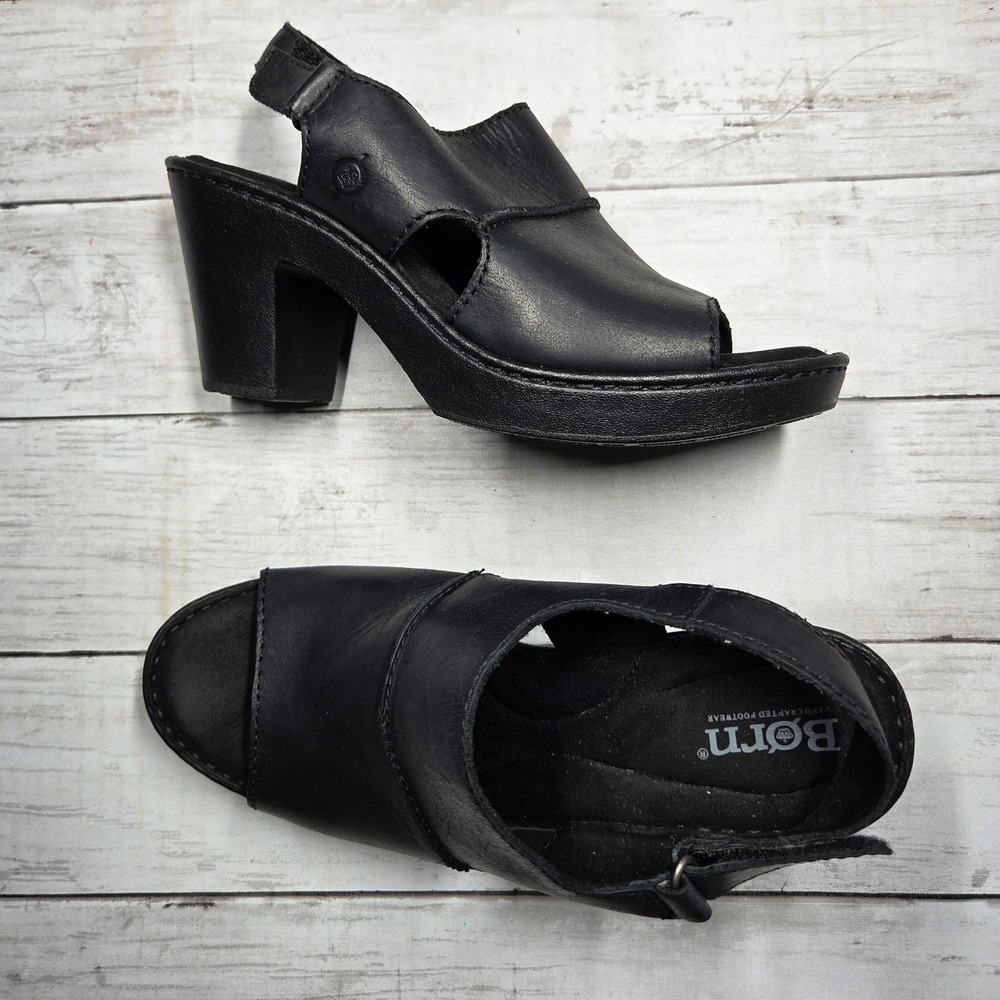 Born F65303 Slingback Platform Sandals Women 8 Black Leather Block Heel Open Toe